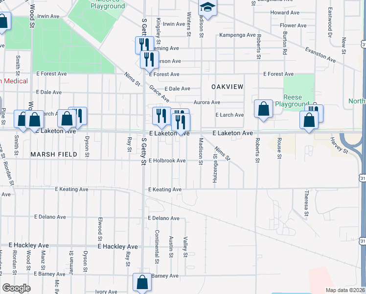 map of restaurants, bars, coffee shops, grocery stores, and more near 1855 Valley Street in Muskegon
