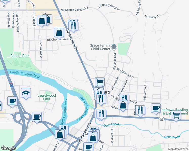 map of restaurants, bars, coffee shops, grocery stores, and more near 634 Northeast Winchester Street in Roseburg