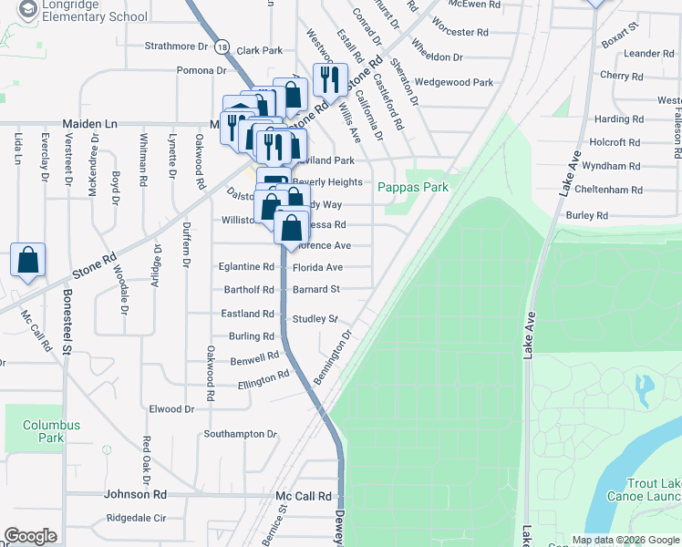 map of restaurants, bars, coffee shops, grocery stores, and more near 45 Barnard Street in Rochester