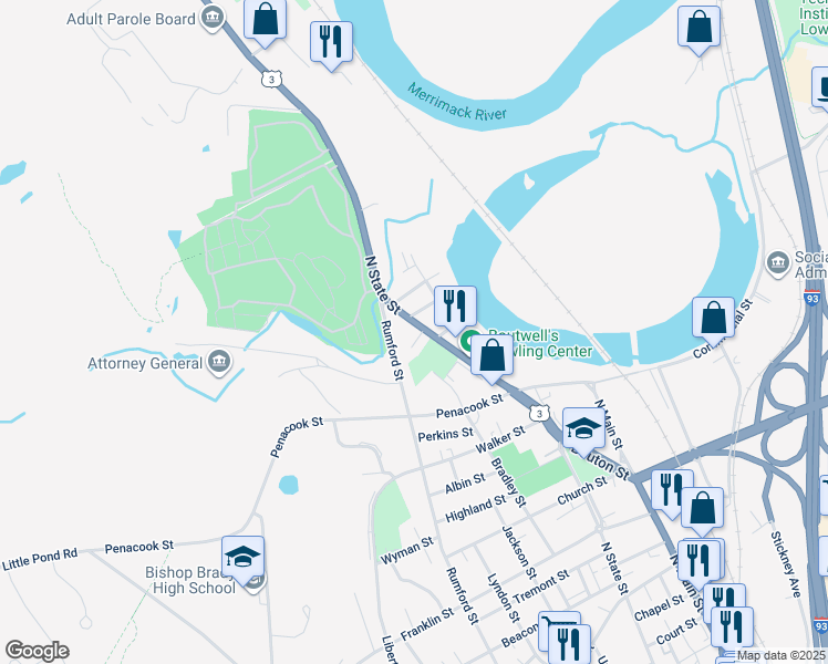 map of restaurants, bars, coffee shops, grocery stores, and more near 200 Rumford Street in Concord