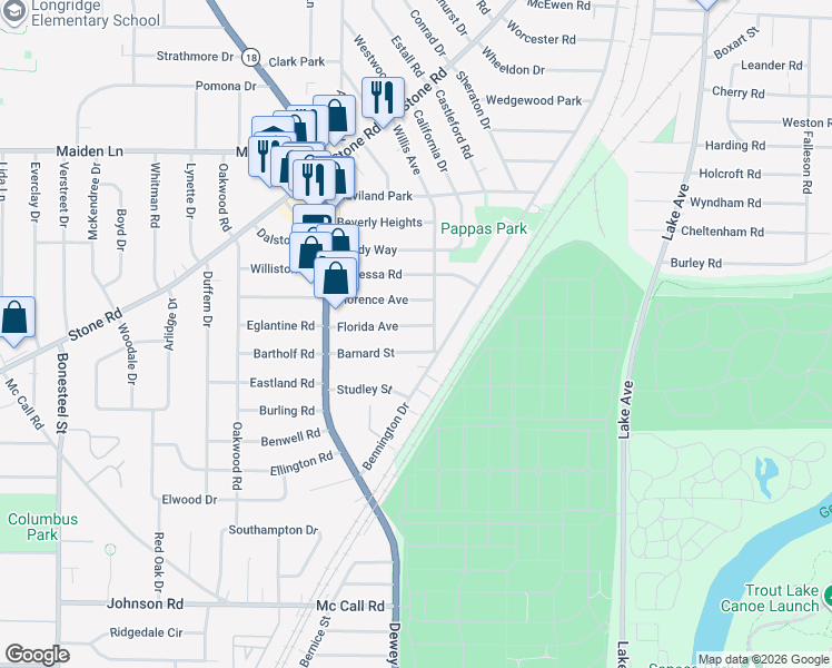 map of restaurants, bars, coffee shops, grocery stores, and more near 45 Barnard Street in Rochester
