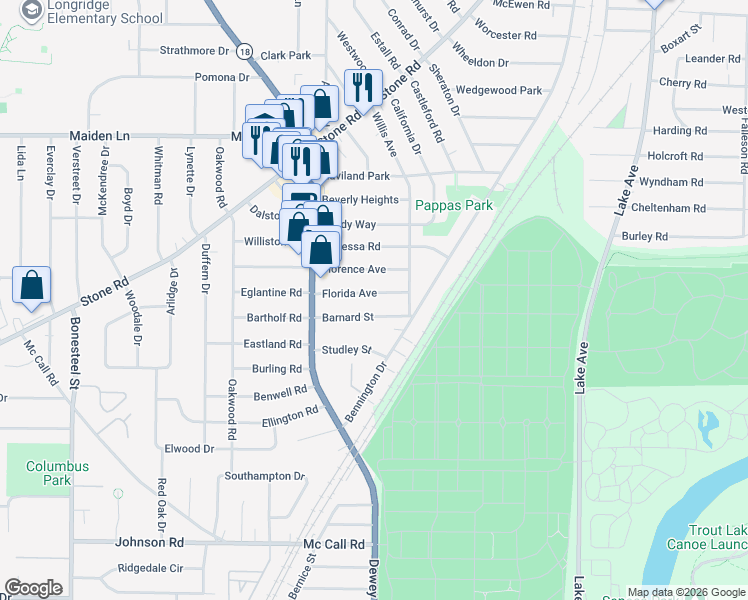 map of restaurants, bars, coffee shops, grocery stores, and more near 45 Barnard Street in Rochester