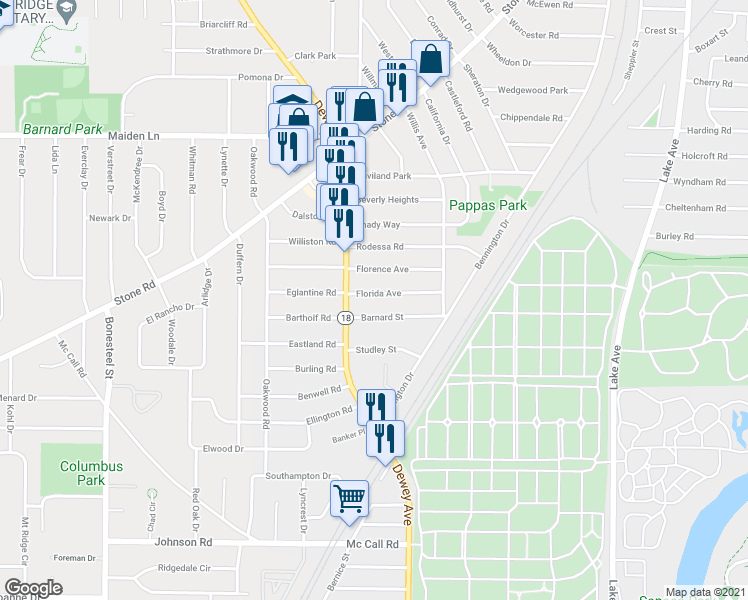 map of restaurants, bars, coffee shops, grocery stores, and more near 99 Barnard Street in Rochester