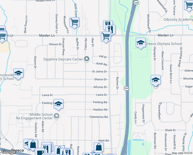 map of restaurants, bars, coffee shops, grocery stores, and more near 93 Sharon Drive in Rochester