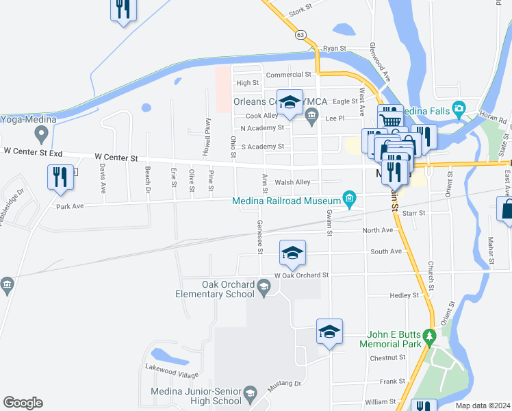 map of restaurants, bars, coffee shops, grocery stores, and more near 619 Genesee Street in Medina