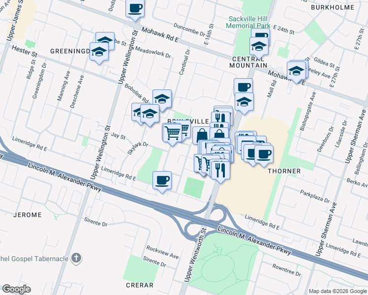 map of restaurants, bars, coffee shops, grocery stores, and more near 4 Heron Place in Hamilton