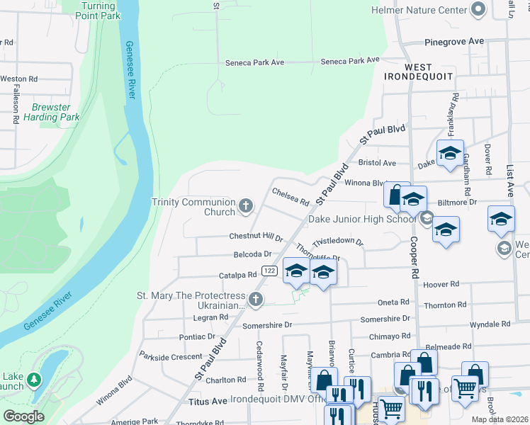 map of restaurants, bars, coffee shops, grocery stores, and more near 256 Chestnut Hill Drive in Rochester