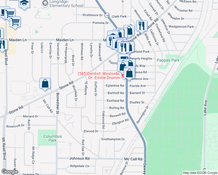 map of restaurants, bars, coffee shops, grocery stores, and more near 111 Bartholf Road in Rochester