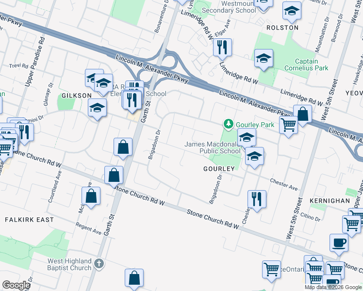 map of restaurants, bars, coffee shops, grocery stores, and more near 79 Duncairn Crescent in Hamilton
