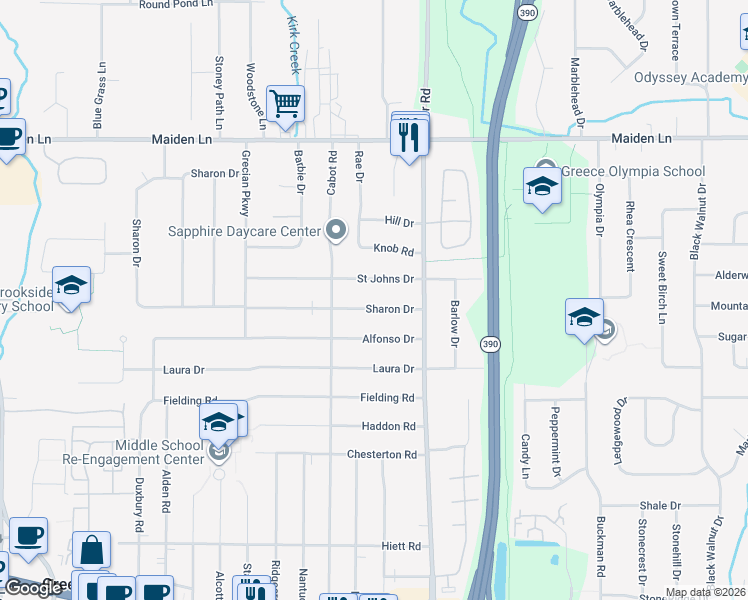 map of restaurants, bars, coffee shops, grocery stores, and more near 93 Sharon Drive in Rochester