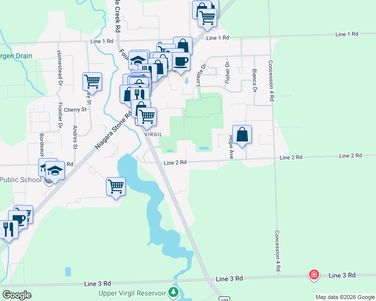 map of restaurants, bars, coffee shops, grocery stores, and more near 672 Line 2 Road in Niagara-on-the-Lake