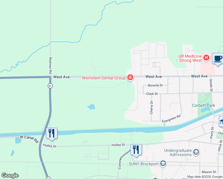 map of restaurants, bars, coffee shops, grocery stores, and more near 21 Cailyn Way in Brockport