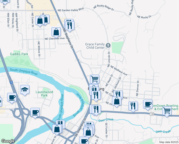 map of restaurants, bars, coffee shops, grocery stores, and more near 654 Northeast Winchester Street in Roseburg