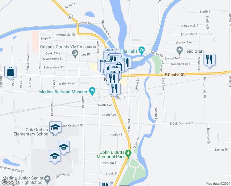 map of restaurants, bars, coffee shops, grocery stores, and more near 613 Main Street in Medina