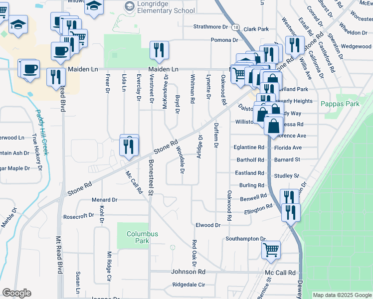map of restaurants, bars, coffee shops, grocery stores, and more near 20 Woodale Drive in Rochester