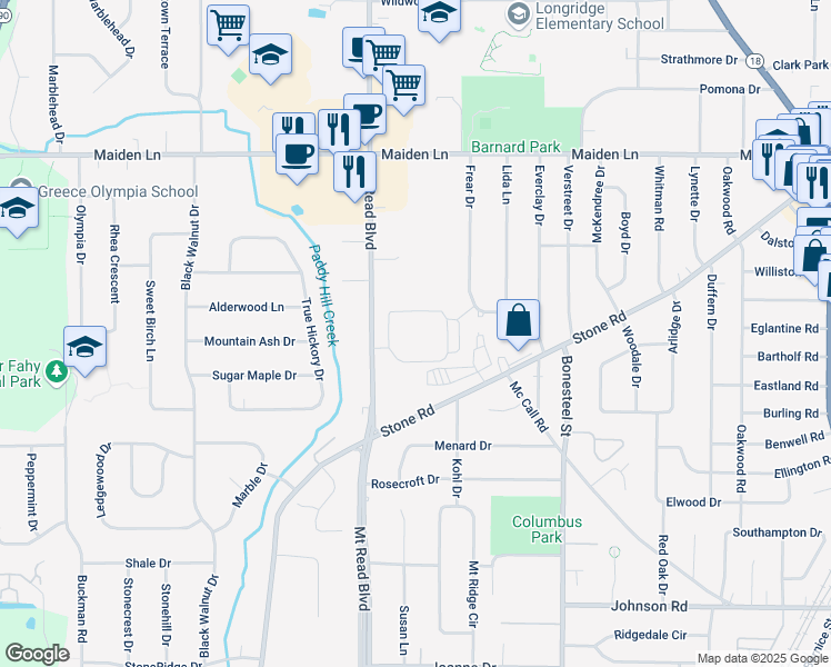map of restaurants, bars, coffee shops, grocery stores, and more near 3330 Mount Read Boulevard in Rochester