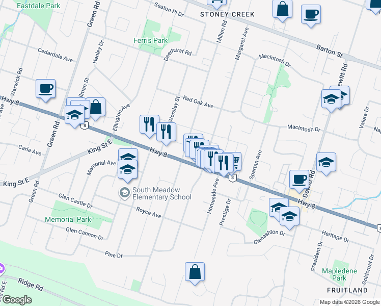 map of restaurants, bars, coffee shops, grocery stores, and more near 419 Highway 8 in Hamilton