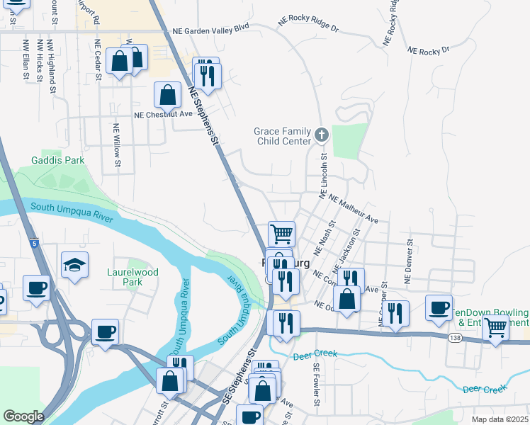 map of restaurants, bars, coffee shops, grocery stores, and more near 660 Northeast Winchester Street in Roseburg