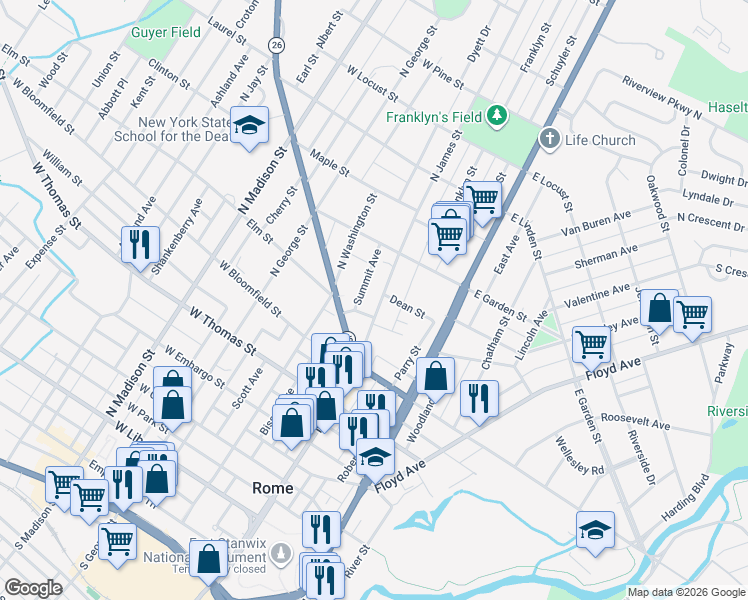 map of restaurants, bars, coffee shops, grocery stores, and more near 103 Vine Street in Rome