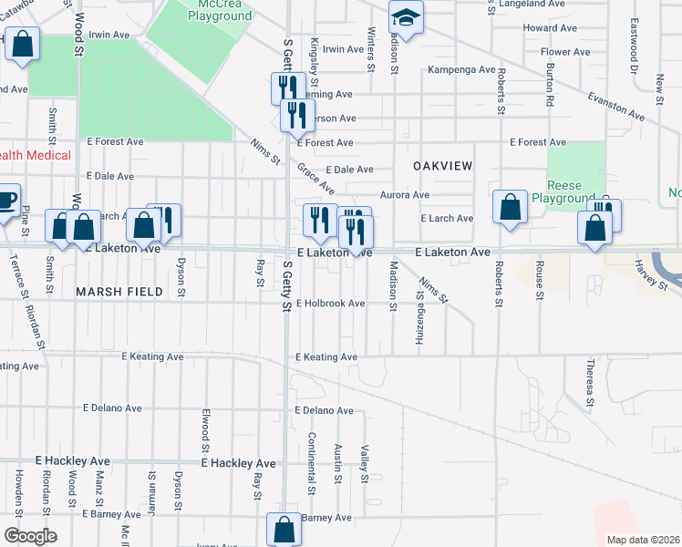 map of restaurants, bars, coffee shops, grocery stores, and more near 1884 Austin Street in Muskegon