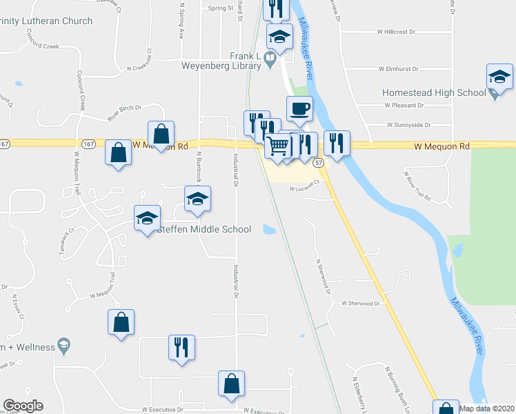 map of restaurants, bars, coffee shops, grocery stores, and more near 11050 Industrial Drive in Mequon
