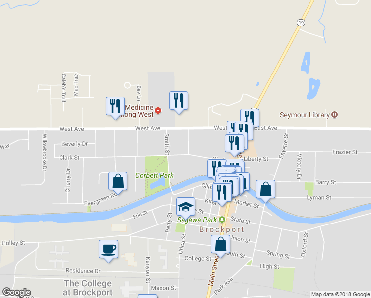 map of restaurants, bars, coffee shops, grocery stores, and more near 7 Graves Street in Brockport