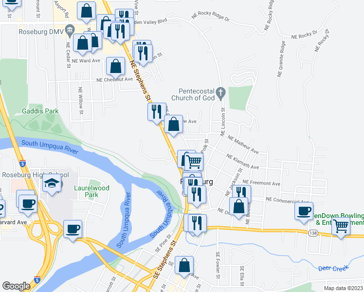 map of restaurants, bars, coffee shops, grocery stores, and more near 670 Northeast Winchester Street in Roseburg