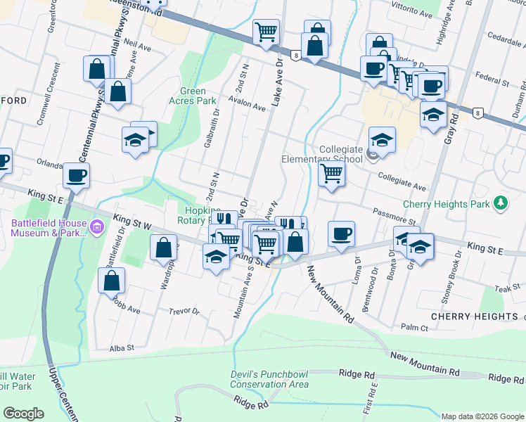 map of restaurants, bars, coffee shops, grocery stores, and more near 25 Mountain Avenue North in Hamilton