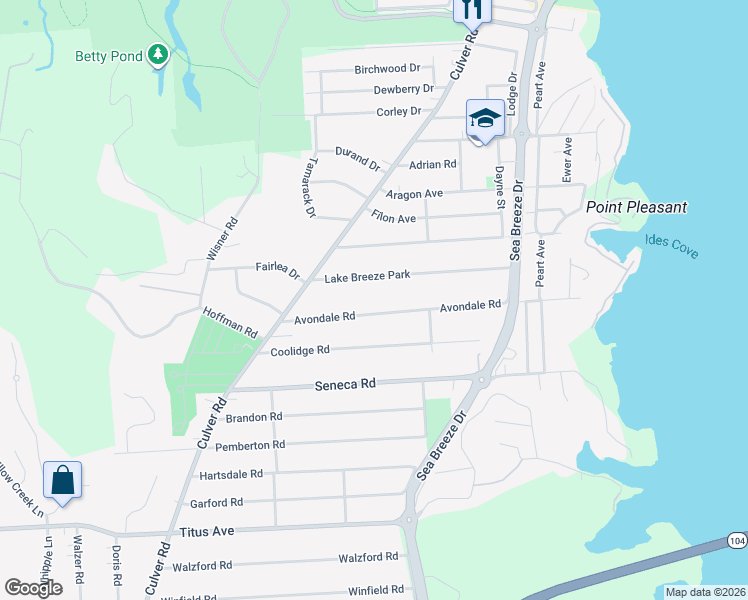 map of restaurants, bars, coffee shops, grocery stores, and more near 93 Lake Breeze Park in Rochester