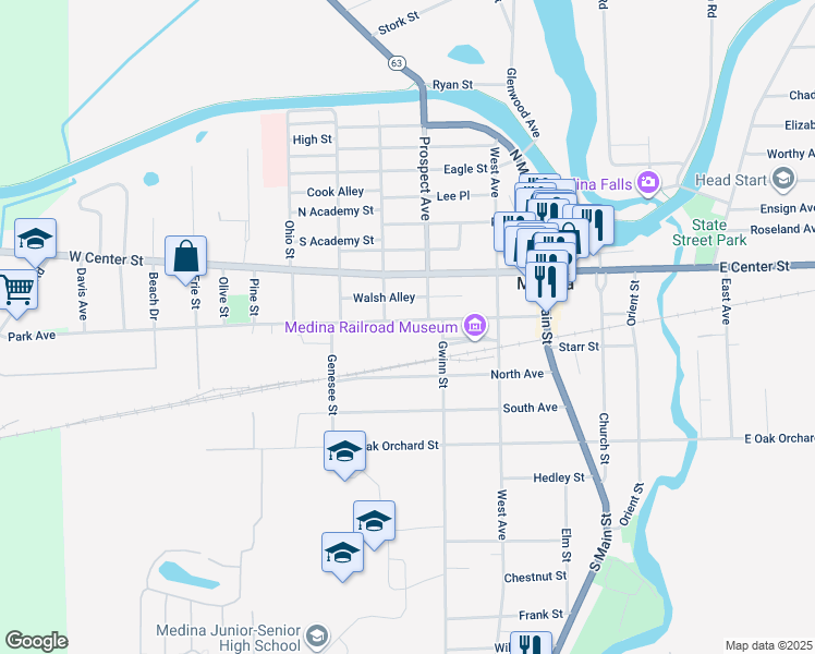 map of restaurants, bars, coffee shops, grocery stores, and more near 322 Park Avenue in Medina