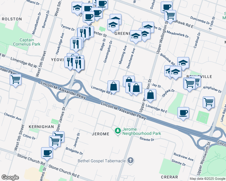 map of restaurants, bars, coffee shops, grocery stores, and more near 96 June Street in Hamilton