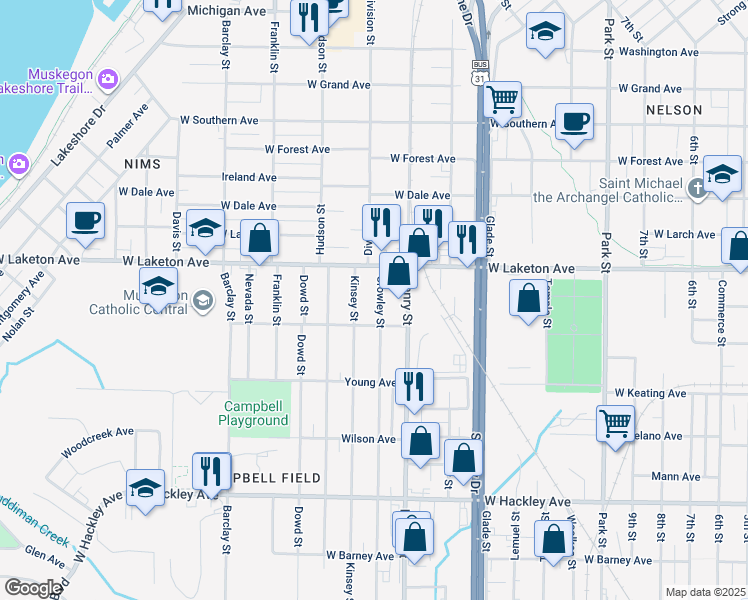 map of restaurants, bars, coffee shops, grocery stores, and more near 899 West Laketon Avenue in Muskegon
