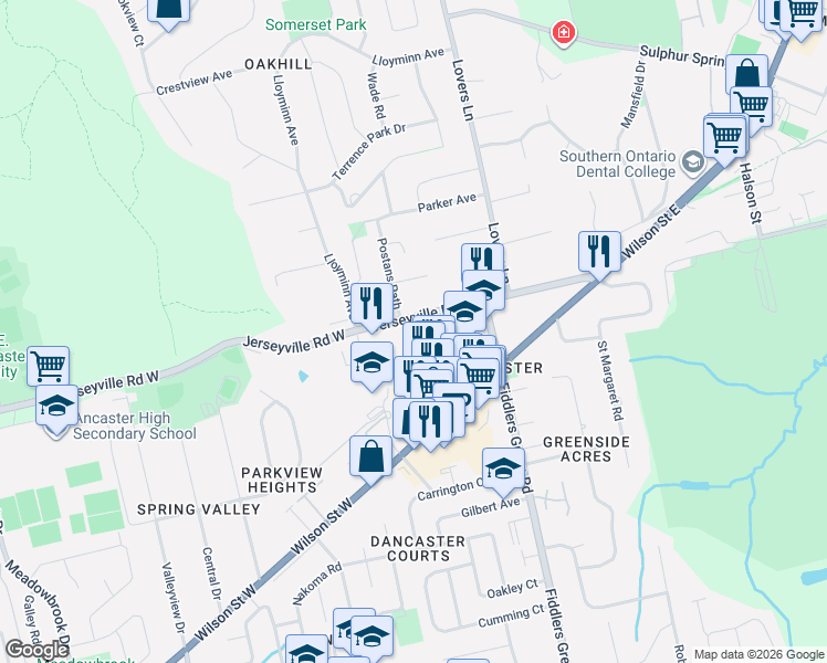 map of restaurants, bars, coffee shops, grocery stores, and more near 55 Jerseyville Road West in Hamilton