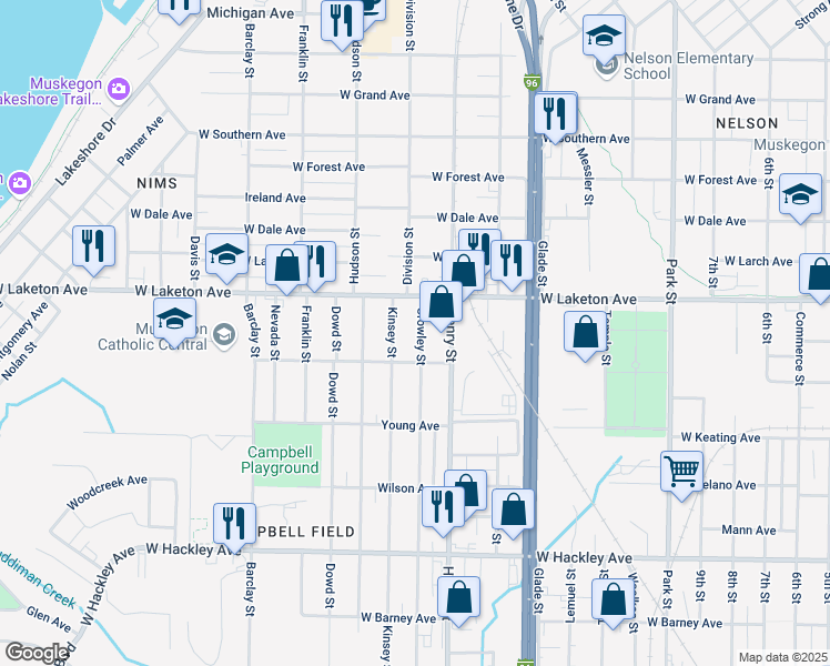 map of restaurants, bars, coffee shops, grocery stores, and more near 899 West Laketon Avenue in Muskegon