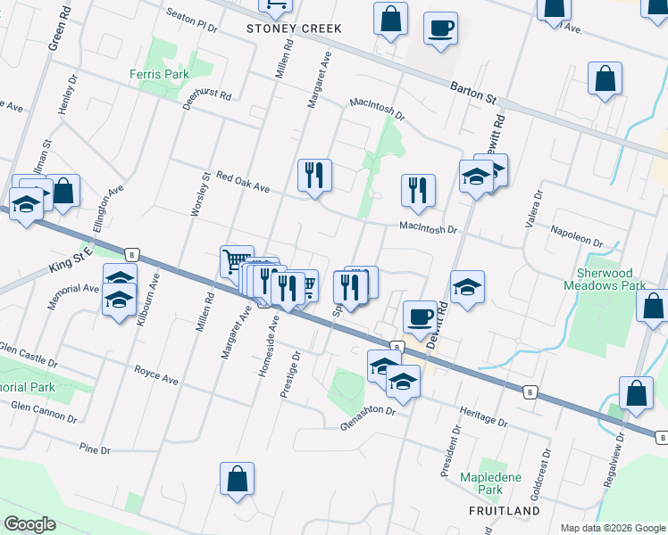 map of restaurants, bars, coffee shops, grocery stores, and more near 27 Russet Court in Hamilton