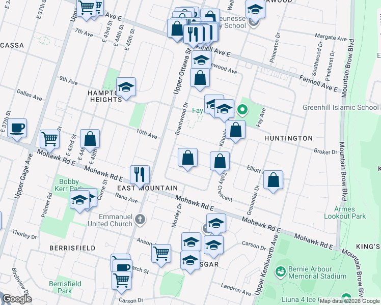 map of restaurants, bars, coffee shops, grocery stores, and more near 26 Grandfield Street in Hamilton