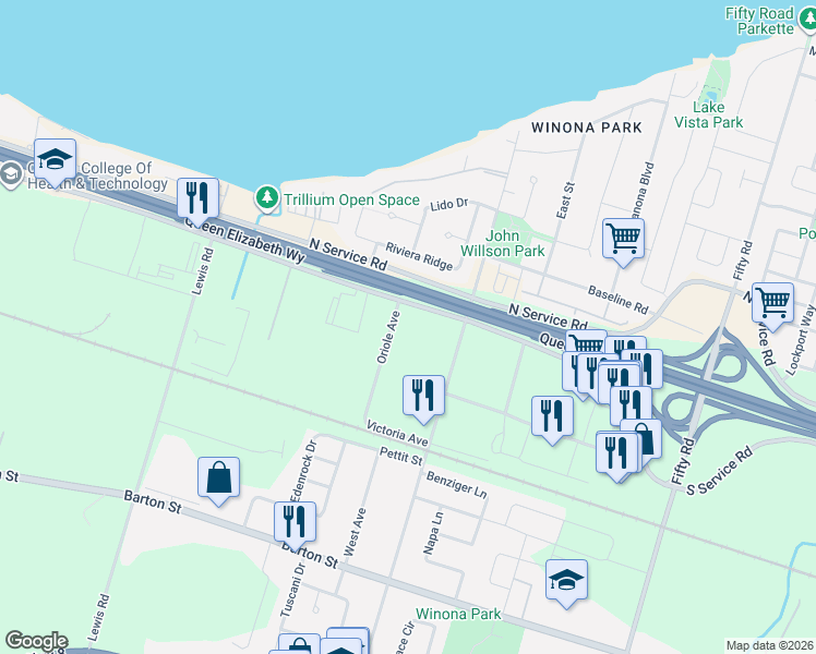 map of restaurants, bars, coffee shops, grocery stores, and more near 1254 South Service Road in Hamilton