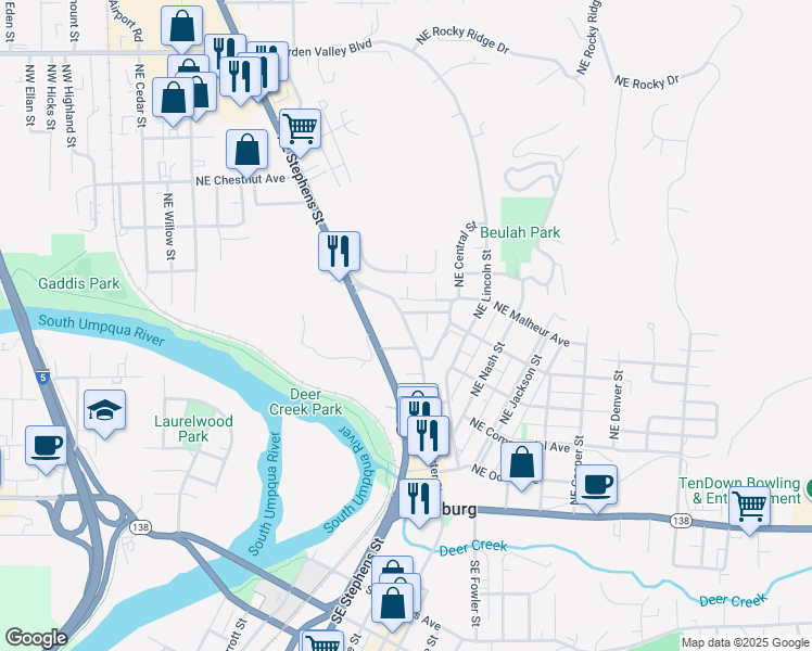 map of restaurants, bars, coffee shops, grocery stores, and more near 662 Northeast Winchester Street in Roseburg