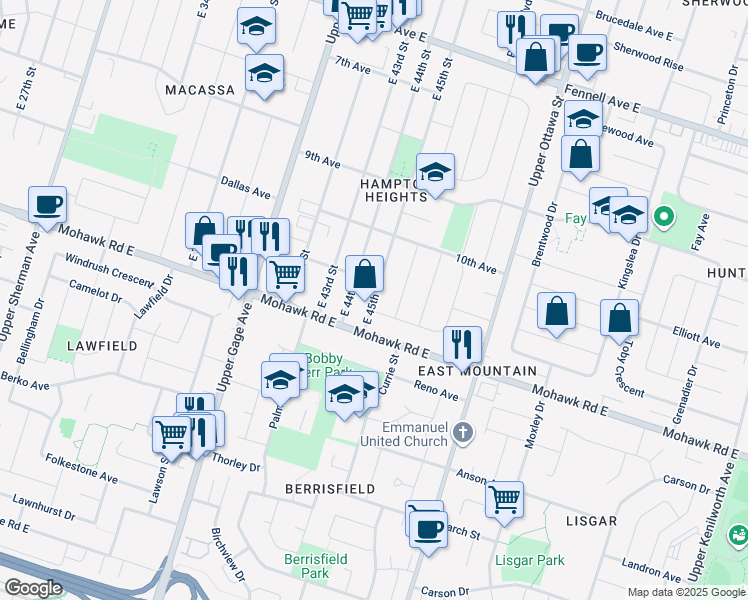 map of restaurants, bars, coffee shops, grocery stores, and more near 290 East 45th Street in Hamilton