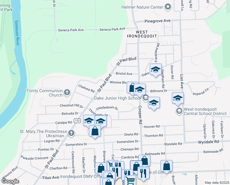 map of restaurants, bars, coffee shops, grocery stores, and more near 58 Placid Place in Rochester