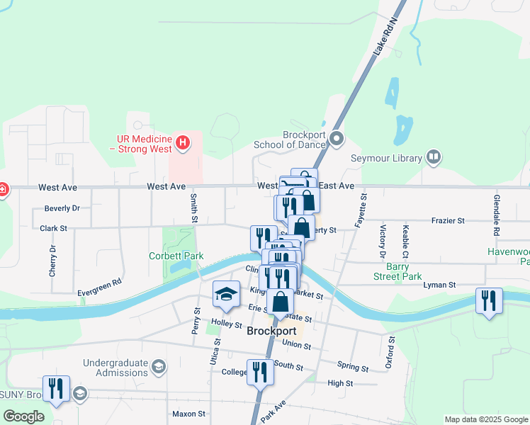map of restaurants, bars, coffee shops, grocery stores, and more near 71 West Avenue in Brockport