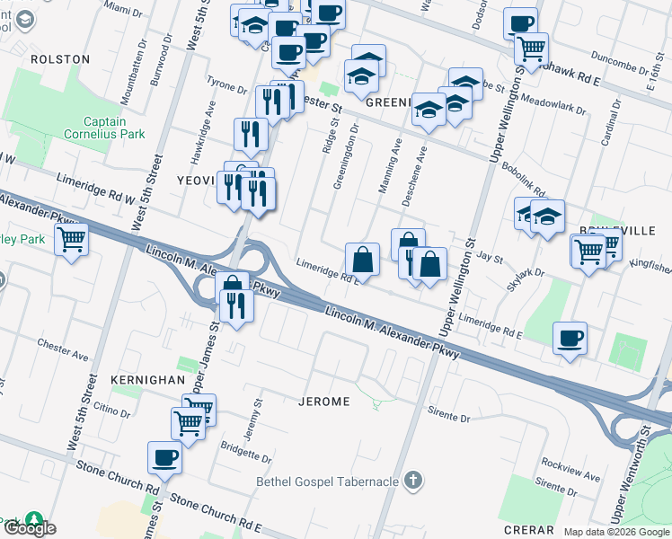 map of restaurants, bars, coffee shops, grocery stores, and more near 152 Greeningdon Drive in Hamilton