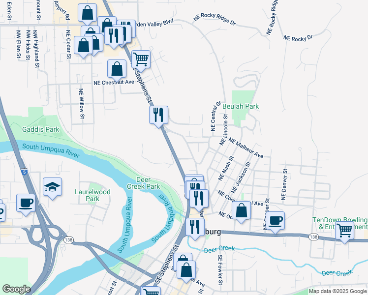 map of restaurants, bars, coffee shops, grocery stores, and more near 680 Northeast Winchester Street in Roseburg
