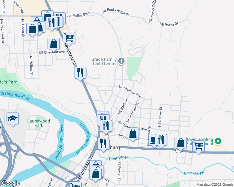 map of restaurants, bars, coffee shops, grocery stores, and more near 1166 Northeast Klamath Avenue in Roseburg