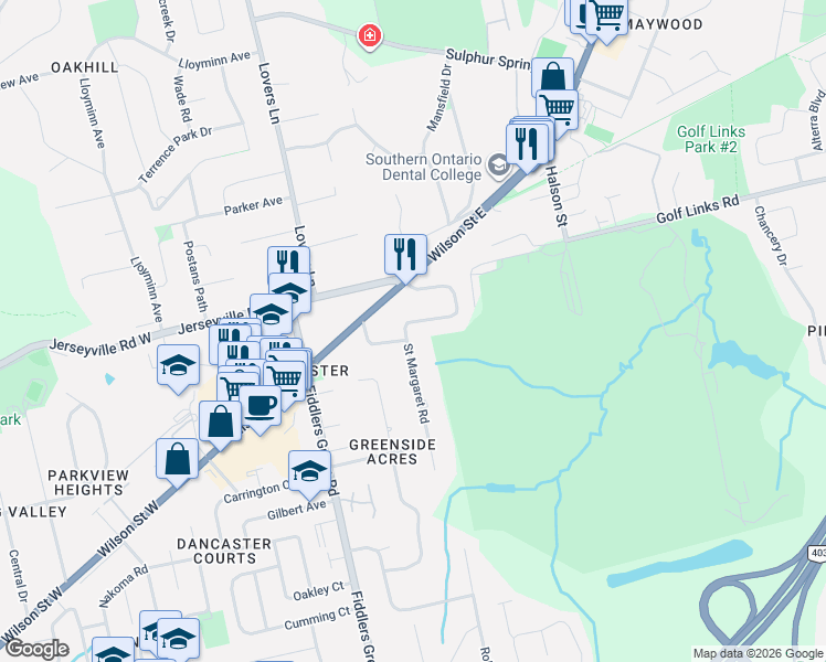 map of restaurants, bars, coffee shops, grocery stores, and more near 41 Cameron Drive in Hamilton