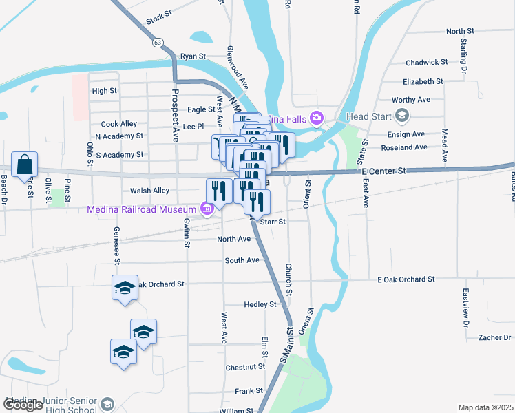 map of restaurants, bars, coffee shops, grocery stores, and more near 607 Main Street in Medina