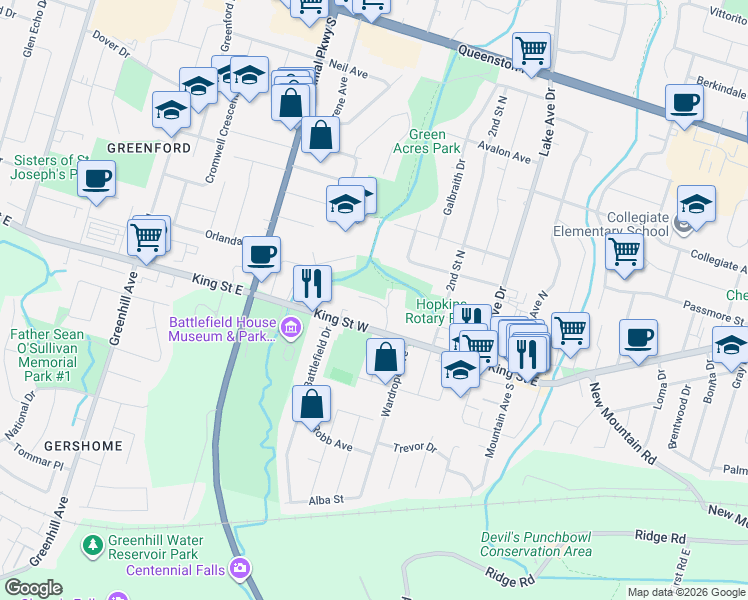 map of restaurants, bars, coffee shops, grocery stores, and more near 10 Village Green in Hamilton