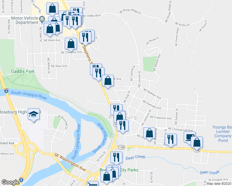 map of restaurants, bars, coffee shops, grocery stores, and more near 672 Northeast Winchester Street in Roseburg