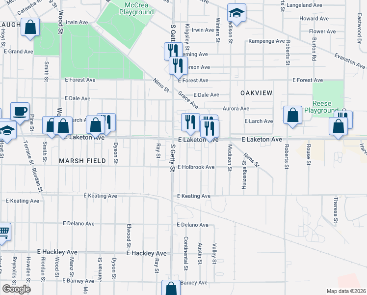 map of restaurants, bars, coffee shops, grocery stores, and more near 826 East Laketon Avenue in Muskegon