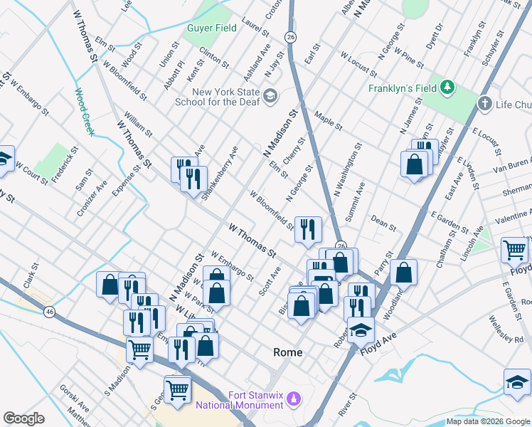 map of restaurants, bars, coffee shops, grocery stores, and more near 351 W Bloomfield St in Rome